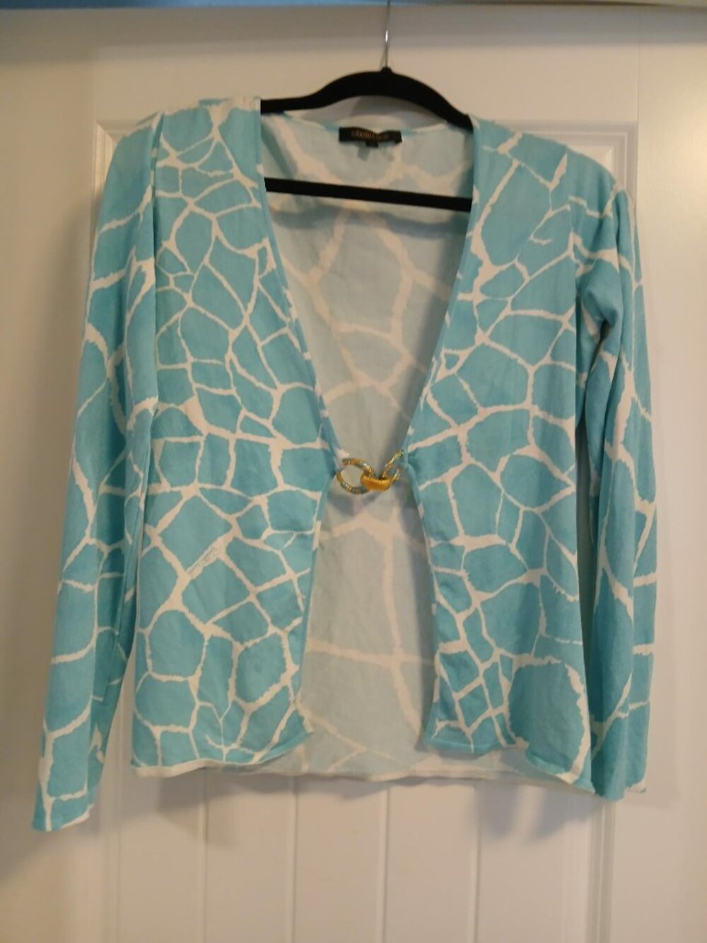 Roberto Cavalli Light Blue and White Patterned Cardigan with Gold Accent